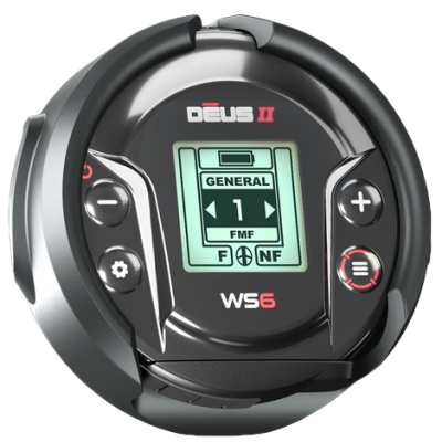 Interface digital redonda com visor LCD e botões num suporte preto