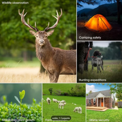Colagem de imagens relacionadas com natureza e atividades ao ar livre, incluindo veado, tenda de campismo, cão de caça, plantas e ovelhas com casa ao fundo