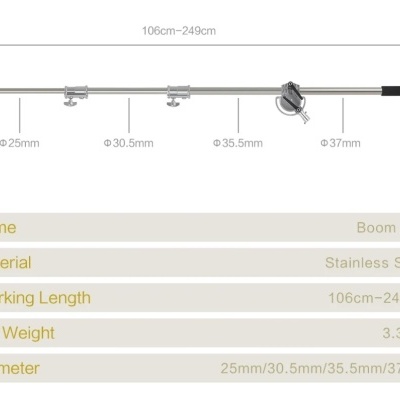 Braço extensível em aço inoxidável com medidas e características técnicas indicadas.