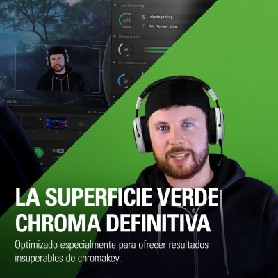 Homem com auscultadores e fundo verde com texto em espanhol sobre chroma key