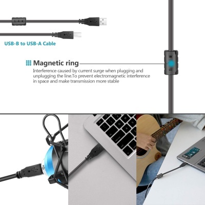 Cabo USB-B para USB-A com anel magnético preto ligado a dispositivos eletrónicos