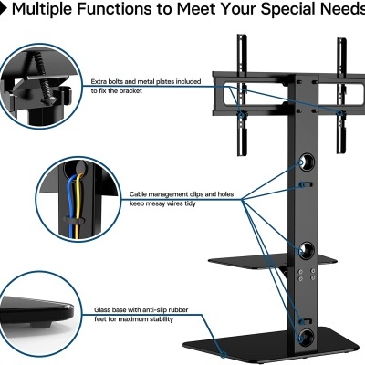 Suporte de monitor preto em metal com base de vidro e gestão de cabos