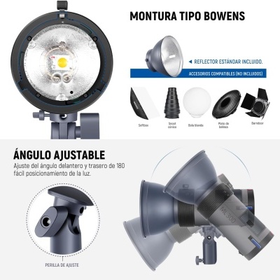 Equipamento de iluminação tipo Bowens com refletor e acessórios compatíveis