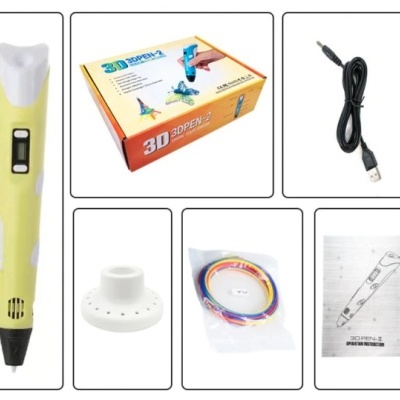 Caneta de impressão 3D amarela com acessórios e embalagem