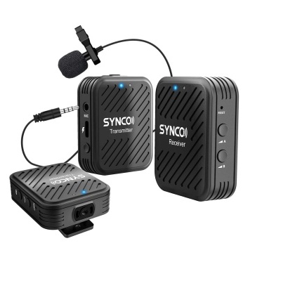 Conjunto microfone sem fios SYNC01 com transmissor, recetor e base de carregamento pretos