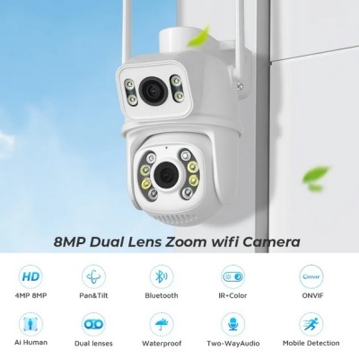 Câmara de segurança wifi branca de lentes duplas montada numa parede