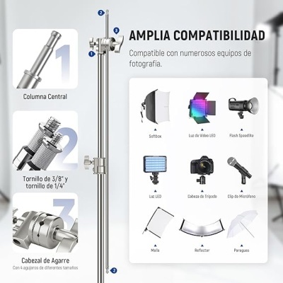 Coluna central metálica para fotografia com compatibilidade ampla mostrada em texto e imagens