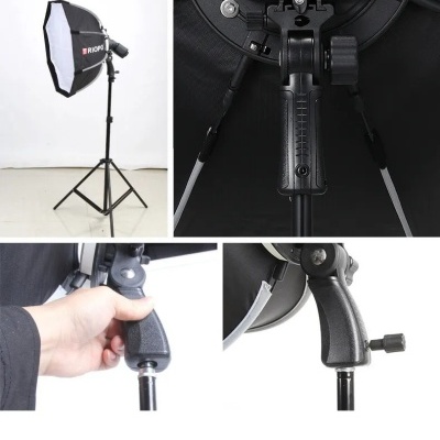 Conjunto iluminação fotográfica com softbox octogonal preto e suporte tripé