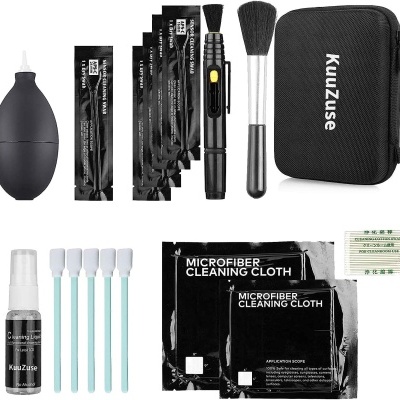 kit de limpeza para câmaras fotográficas Kuuzuse com vários acessórios e bolsa preta