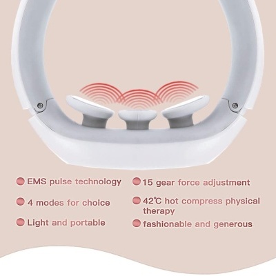 Dispositivo portátil de terapia EMS branco com três emissores e texto descritivo