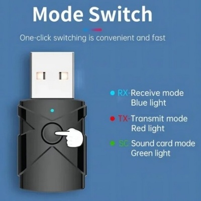 Adaptador USB preto com botão e LED, com texto explicativo de modos de funcionamento