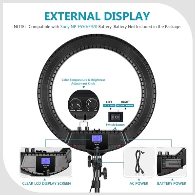 Anel de luz LED preto com botões e painel LCD para controle de brilho e temperatura, mostrando cabos de energia AC e bateria
