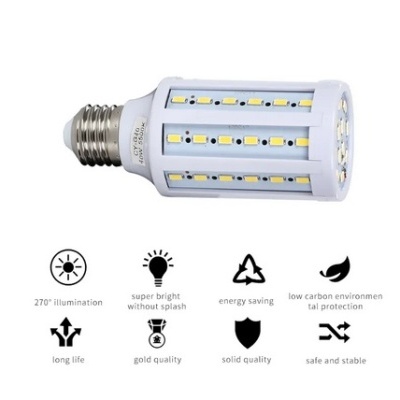 Lâmpada LED formato milho com base metal e LEDs visíveis, ícones e texto informativos em fundo branco.