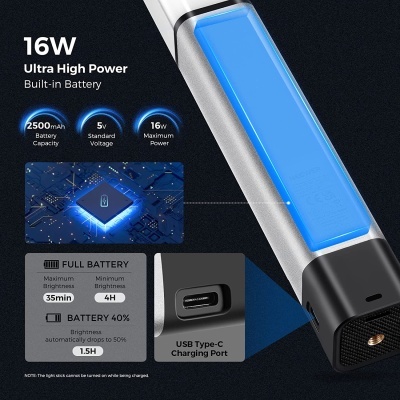 Lanterna LED cinza com luz azul e indicações de especificações e porta USB Type-C
