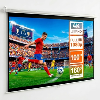 Ecrã de projeção branco a mostrar jogo de futebol e especificações técnicas 4K ULTRA HD, FULL HD 1080p, 100, 160º.