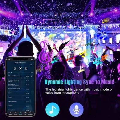 Festa com luzes LED sincronizadas à música e smartphone com lista de músicas