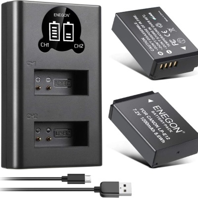 Carregador duplo para baterias LP-E12 e duas baterias ENEGON com cabo USB preto