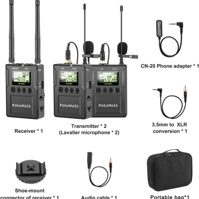 Conjunto de equipamentos de áudio preto com microfones e acessórios em fundo branco