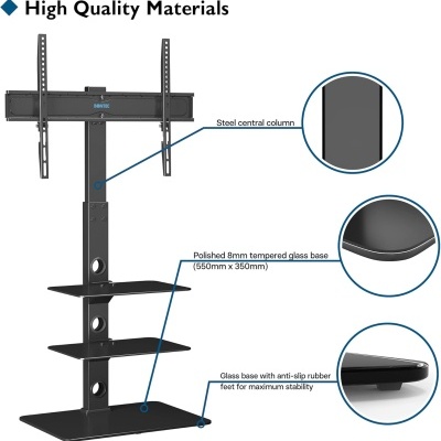 Suporte de TV com base de vidro e estrutura metálica