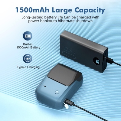 Dispositivos eletrónicos azuis com texto sobre bateria 1500mAh e carregamento Type-C