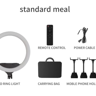 Conjunto standard meal com LED ring light, comando, cabo, bolsa e suportes para telemóvel