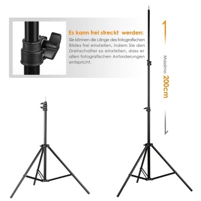 Suporte tripé preto regulável até 200 cm para câmara ou luz