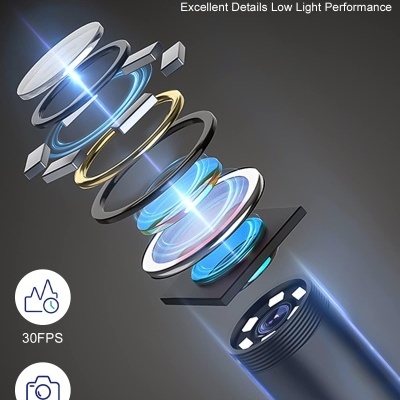 Explosão gráfica de uma lente de câmara com texto técnico e ícones de resolução e fps