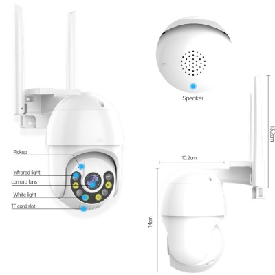 Câmara de segurança branca com antenas e indicação das partes