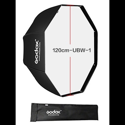 Softbox octogonal Godox preto com interior branco difusor e bolsa preta com logo Godox