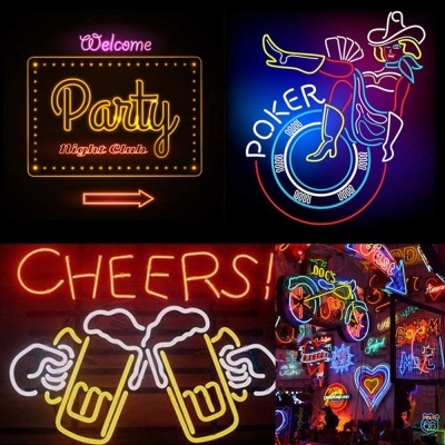 Luzes de néon multicoloridas com temas de festa, poker, cerveja e decoração em ambiente noturno.