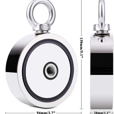 Imã redondo de neodímio prateado com argola, dimensões indicadas