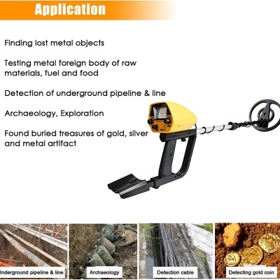 Detector de metais preto e amarelo com painel digital e imagens de aplicações subterrâneas e arqueológicas