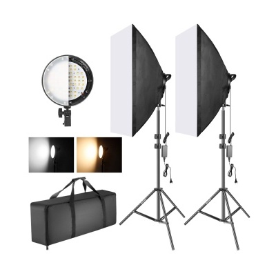 Conjunto de iluminação fotográfica com softboxes, luz LED redonda, tripés e mala preta