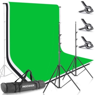 Kit fundo fotográfico com tecidos verde, branco e preto em suportes metálicos e bolsa preta NEEWER