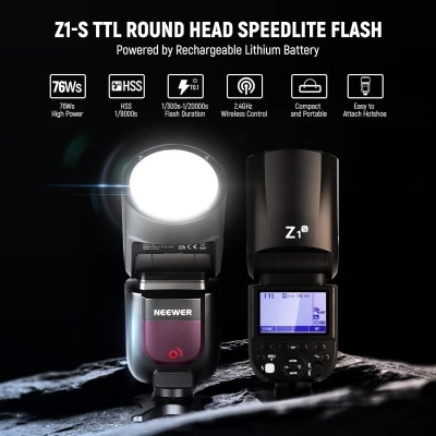 Flash fotográfico Neewer Z1-S TTL preto com visor digital azul e símbolos de funcionalidades