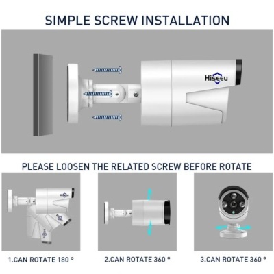 Câmara de segurança Hiseeu branca e instruções para instalação com parafusos e rotação