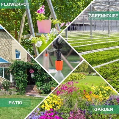 Imagens de vaso de flores, estufa, pátio, aspersor e jardim