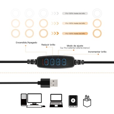 Controlo remoto com botões para ajuste de luz e cabo USB preto
