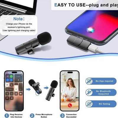 Microfone preto com conector lightning para iPhone, fácil de usar, sem necessidade de app ou Bluetooth