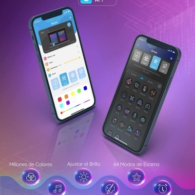 Dois smartphones exibindo app Govee Home para controlo de luzes LED com várias funções mostradas num fundo roxo