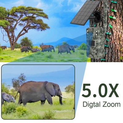 Câmara de rastreio camuflada na árvore a mostrar zoom digital 5X de elefantes na savana