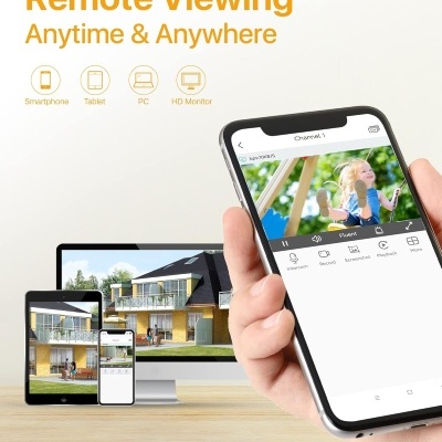 Promoção de sistema de visão remota com vários dispositivos mostrando imagens de câmeras.