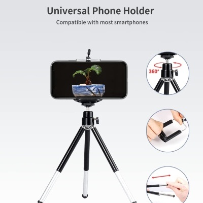 Tripé de suporte universal para telemóveis preto e prata com ajustes e rotação