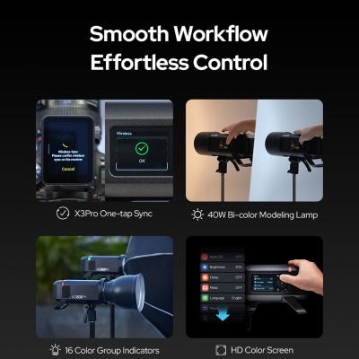 Equipamento de iluminação fotográfica AD800 Pro com ecrãs digitais e controlos em mãos