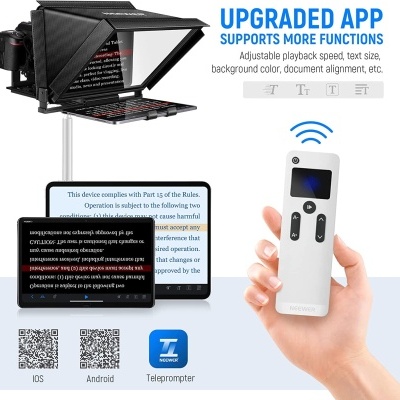Teleprompter preto com controlo remoto branco e smartphone com texto, texto promocional ao fundo