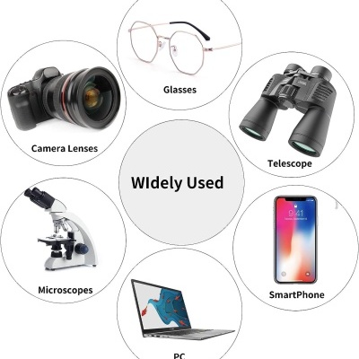 Produtos ópticos e eletrónicos com legenda em inglês em círculos sobre fundo branco
