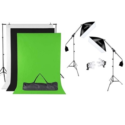 Kit de fundo fotográfico com fundos branco, preto e verde, suportes, duas luzes com softbox e saco de transporte