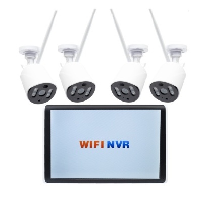 Conjunto de quatro câmaras de segurança brancas com antena e um monitor com texto WIFI NVR