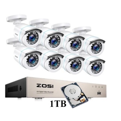 Conjunto de oito câmaras de segurança brancas e gravador ZOSI 1TB
