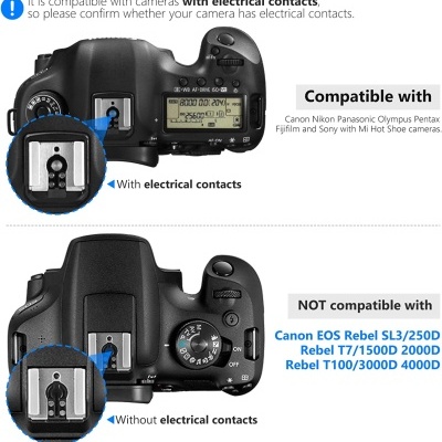 Comparação entre duas câmeras fotográficas digitais pretas mostrando suporte de flash com e sem contatos elétricos.